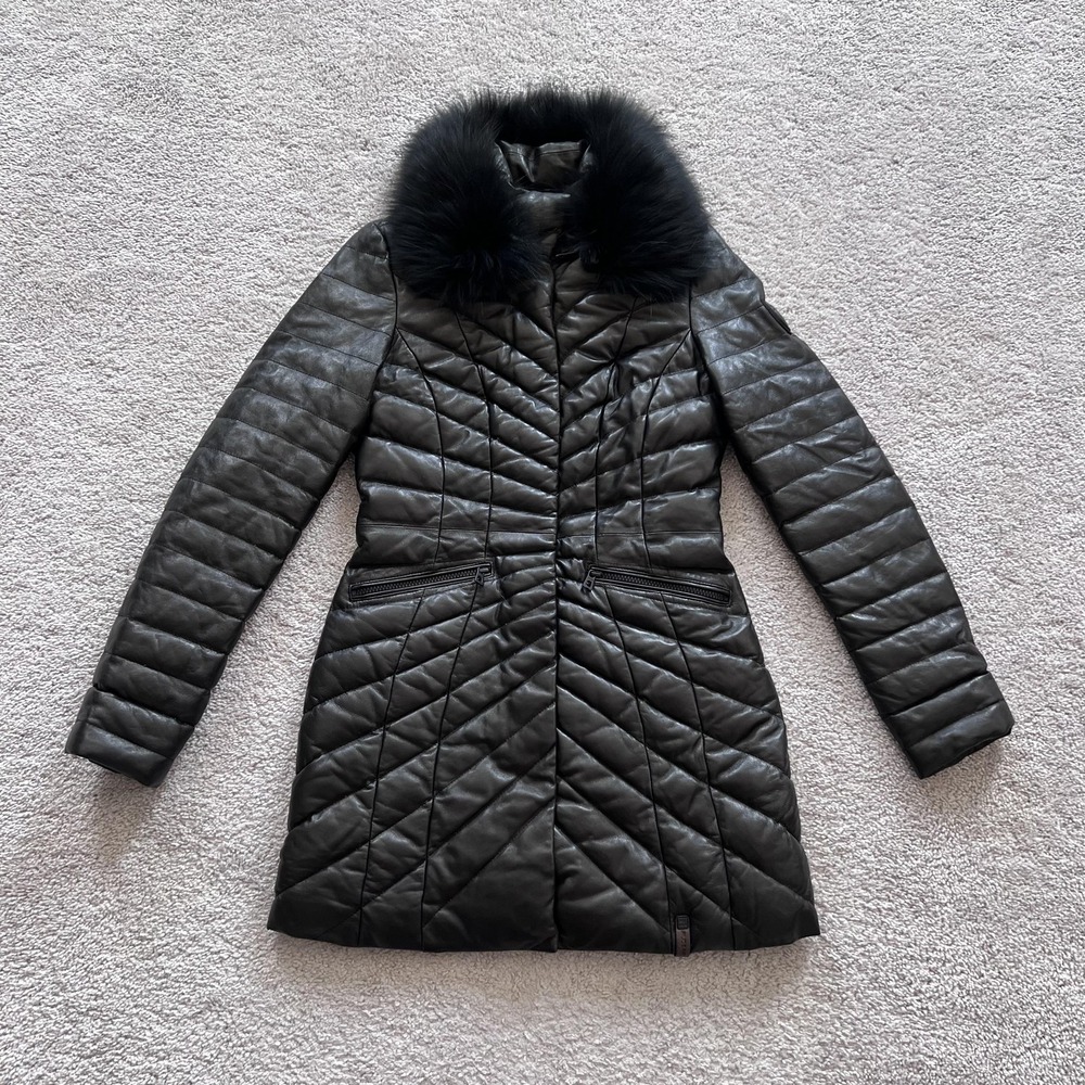 Rudsak Iris Quilted Leather Down Puffer Coat Womens M Black Fur Collar